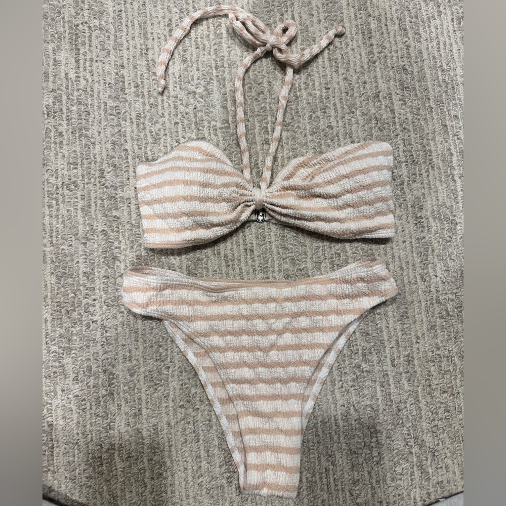 NWOT Tan and White Striped Bikini
